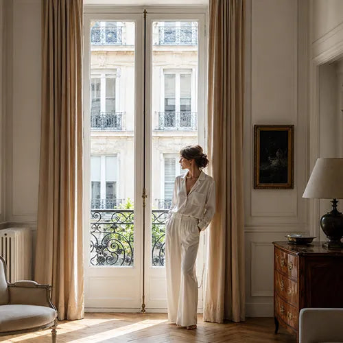 Woman standing beside light-filtering curtains in a refined interior