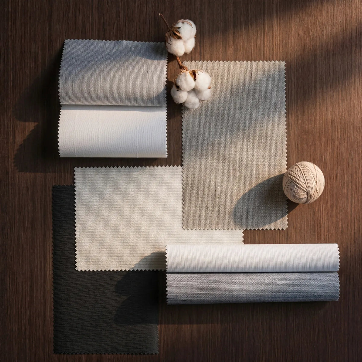 Premium Blackout Panel Track Blinds fabric samples in neutral color options
