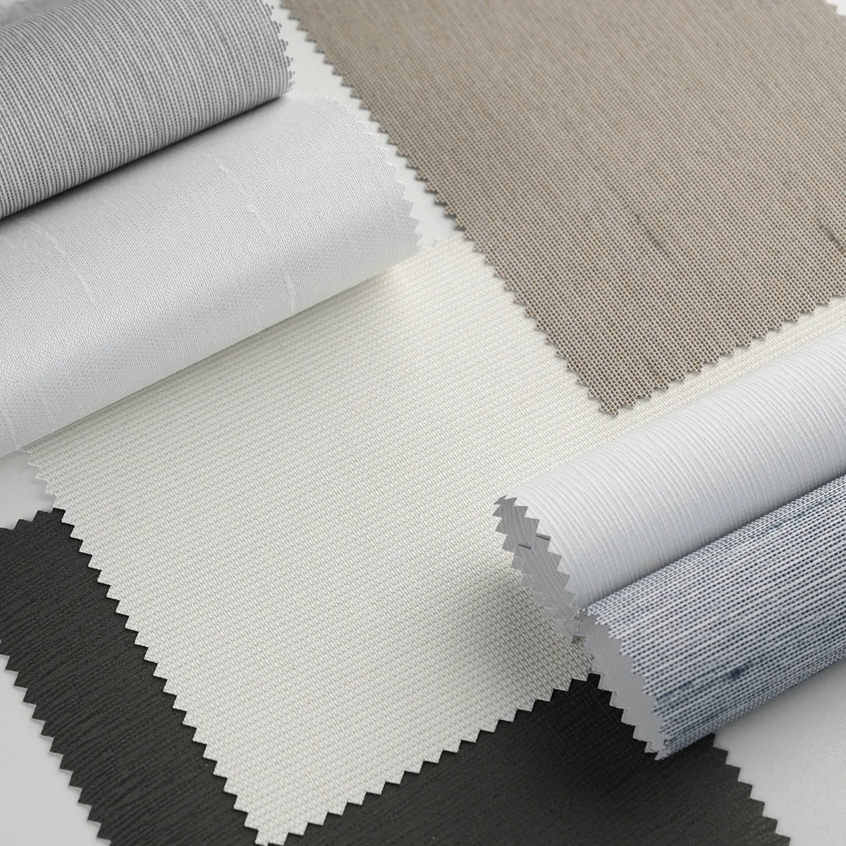 Premium Blackout Panel Track Blinds fabric colors and texture details