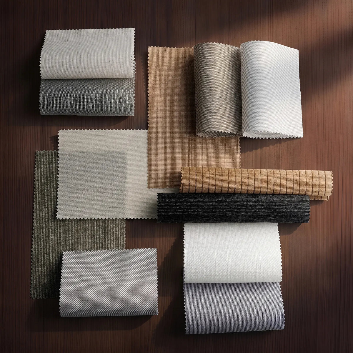 Premium Light Filtering Panel Track Blinds fabric samples in soft neutral tones