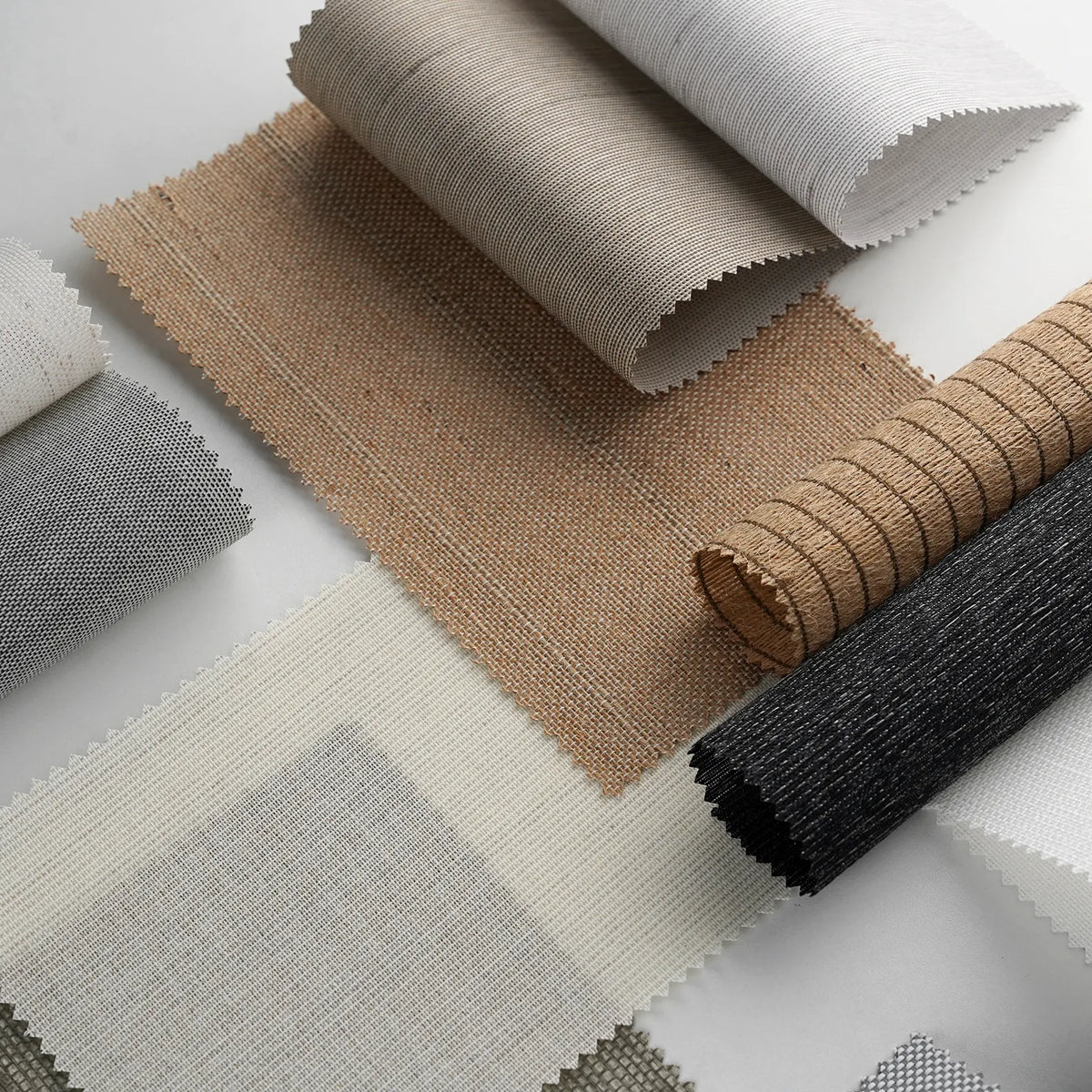 Premium Light Filtering Panel Track Blinds fabric colors and material details