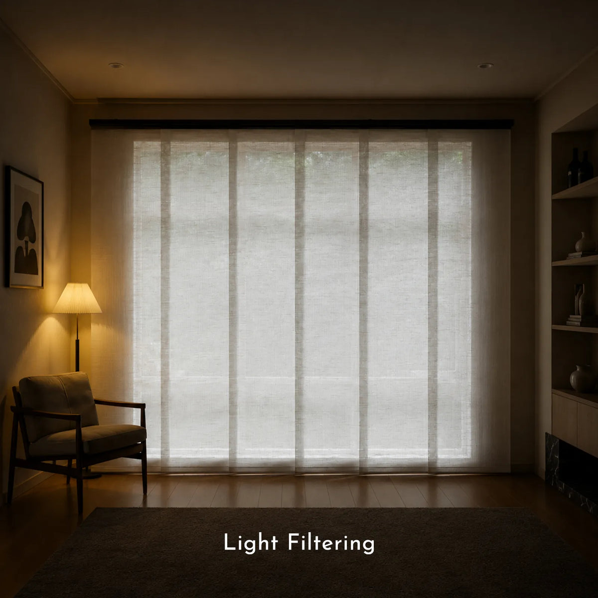Premium Light Filtering Panel Track Blinds creating soft natural light in a room
