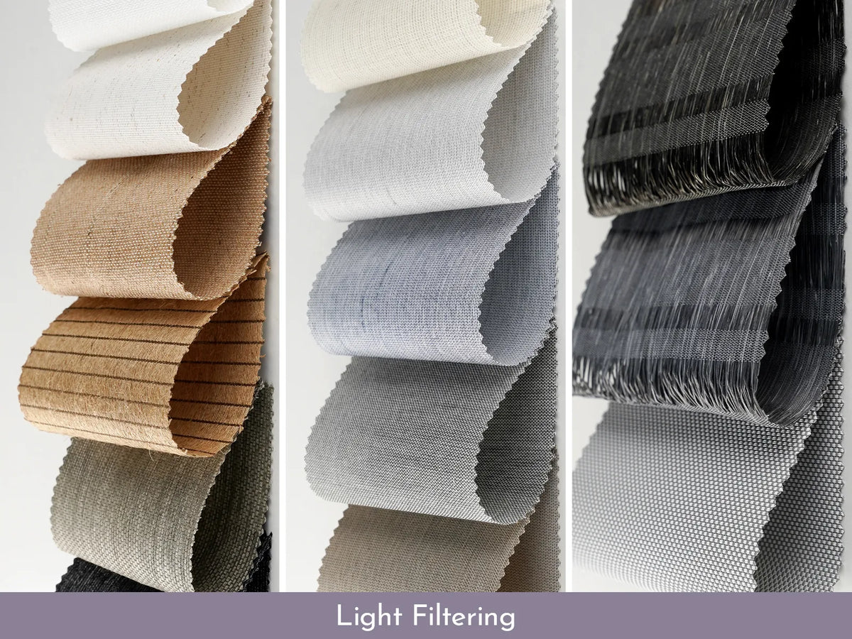 Premium Light Filtering Panel Track Blinds fabric designed for soft light diffusion