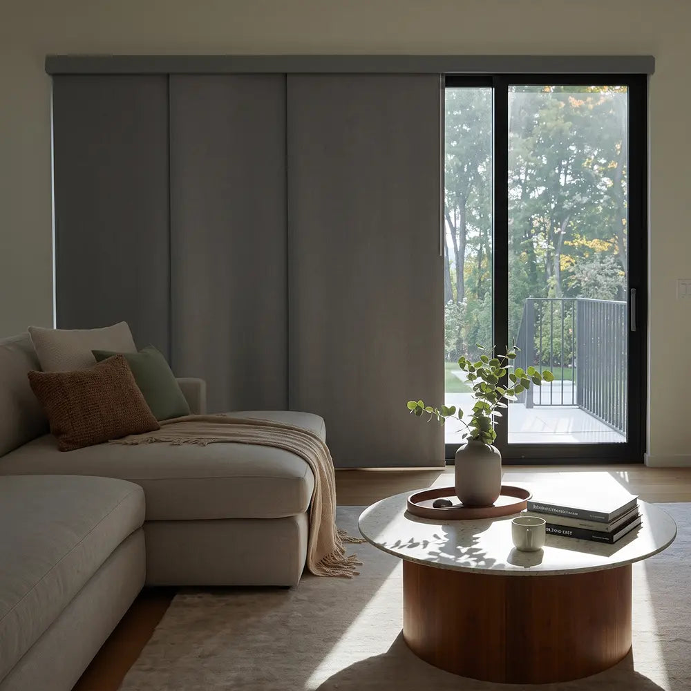A modern living room featuring a large gray sliding door or panel system next to a glass sliding door with an outdoor view. The room is styled with a light beige sectional sofa, a round wooden coffee table, and neutral decor.