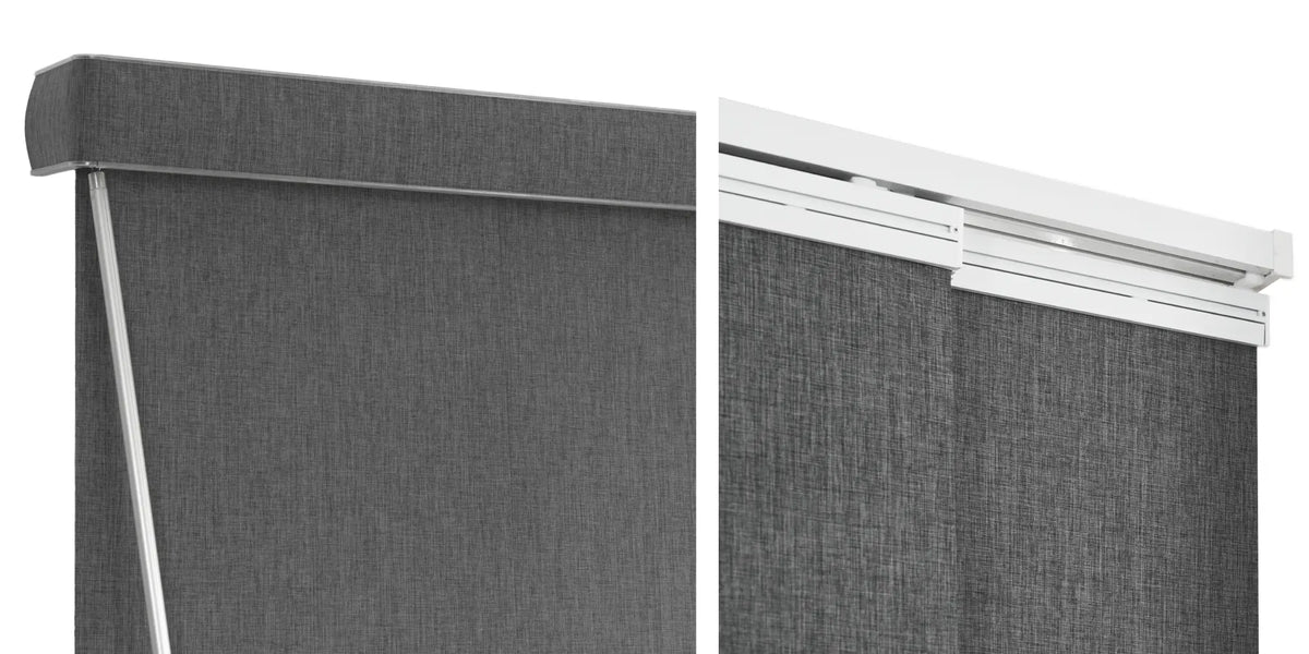 Close-up of a dark gray textured panel teack blinds with a white metal track and a valance shown in two adjacent views against a white background.