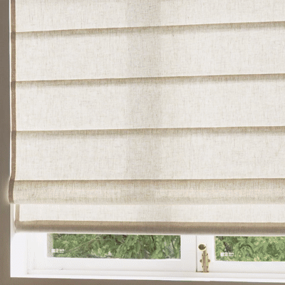 Animation of motorized plain fold roman shades adjusting across dining room bay windows.