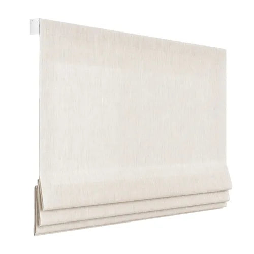 Flat Roman shade in light-colored fabric with a smooth face and folds gathered at the bottom.