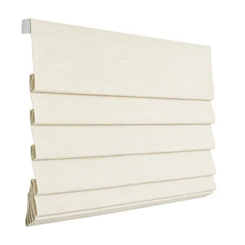Soft fold Roman shade in light-colored fabric with cascading fabric loops.