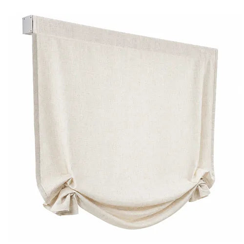 Swag Roman shade in light-colored fabric with a gathered, draped bottom.