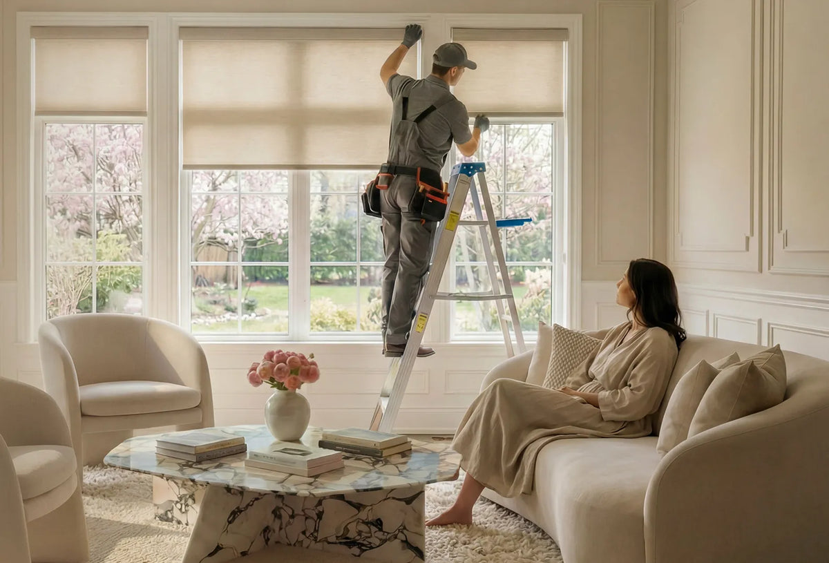 Professional installer on a ladder fitting cellular window shades in a modern living room while a customer watches from a couch