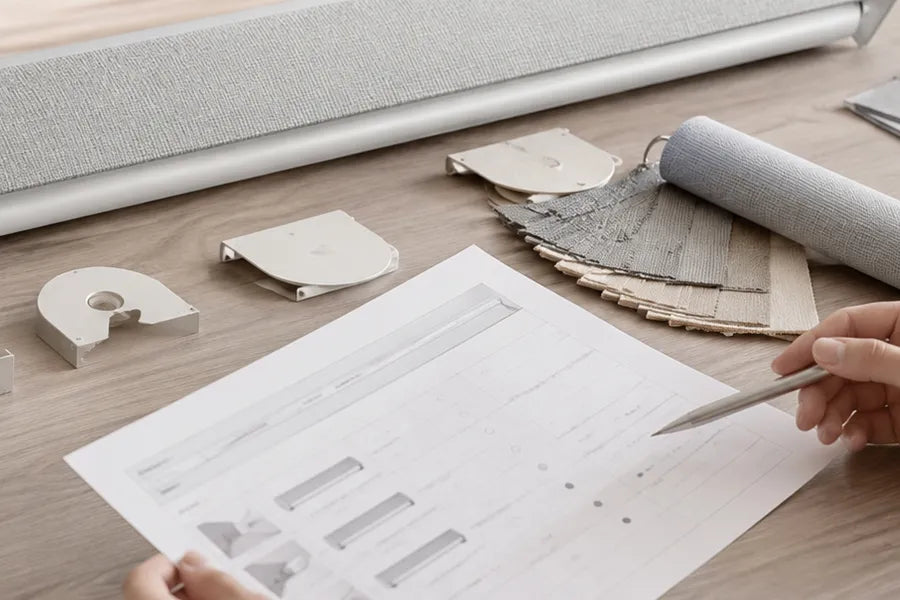 Fabric samples and technical plans used in custom shade development