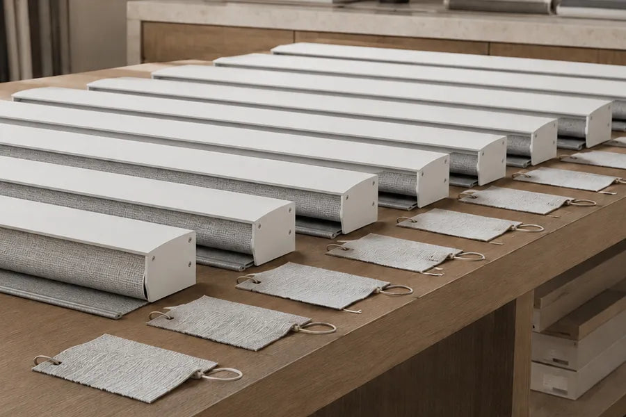 Finished motorized shade components prepared for quality inspection