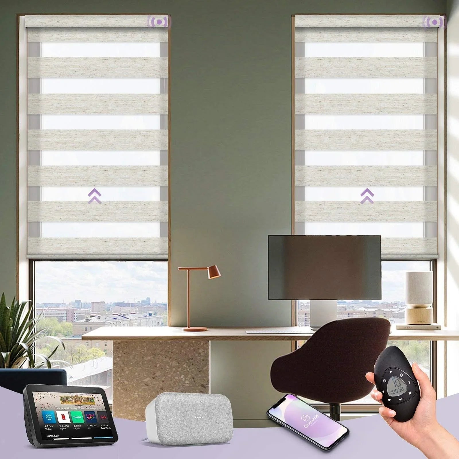 Smart zebra roller shades in modern home office, controlled by remote, app, and smart speakers