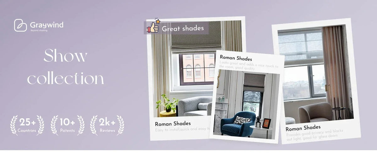 Advertisement for Gravwinds Roman Shades with images of a living room and window treatments.