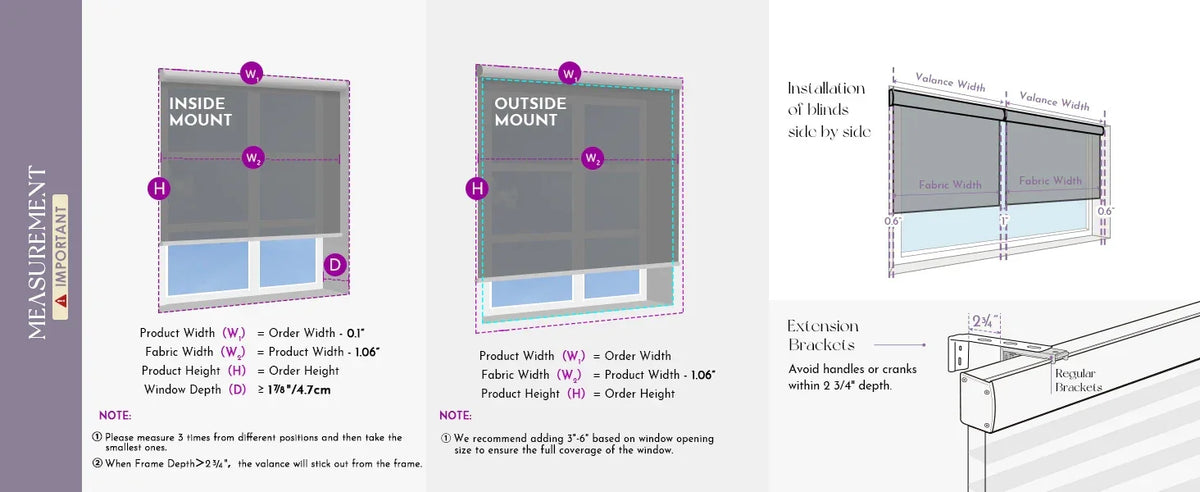 Technical diagram of window treatments with measurements and installation instructions.
