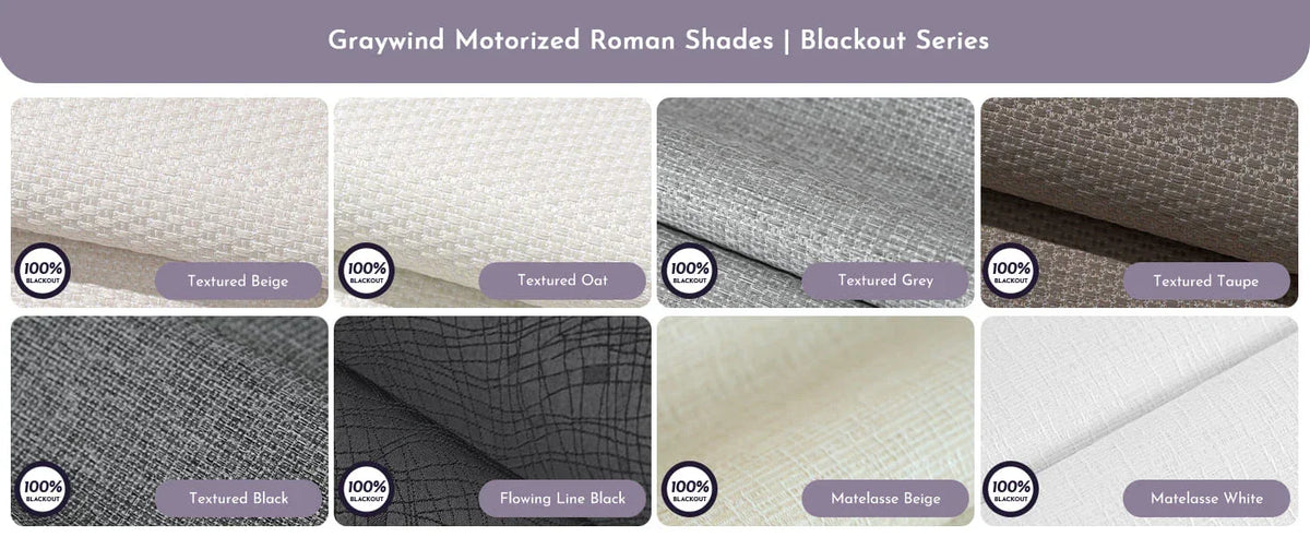 Graywind Motorized Roman Shades Blackout Series with various textures and finishes.