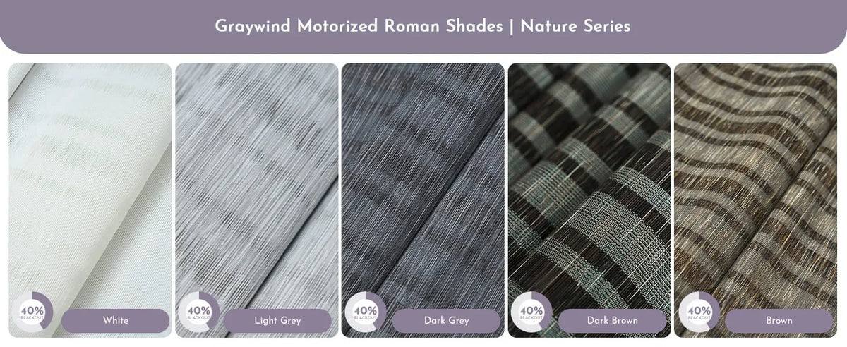 Graywind Motorized Roman Shades Nature Series with fabric swatches in different colors.