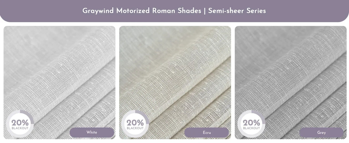 Graywind Motorized Roman Shades with 20% Sunlight control on a gray background