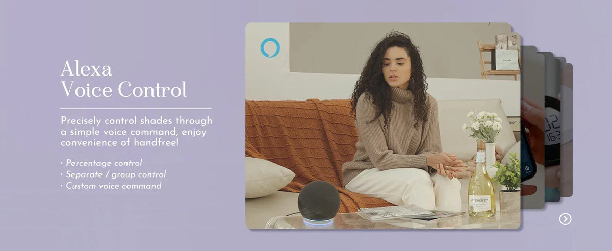 Woman sitting on a couch with a smart speaker, featuring Alexa voice control text on the left.