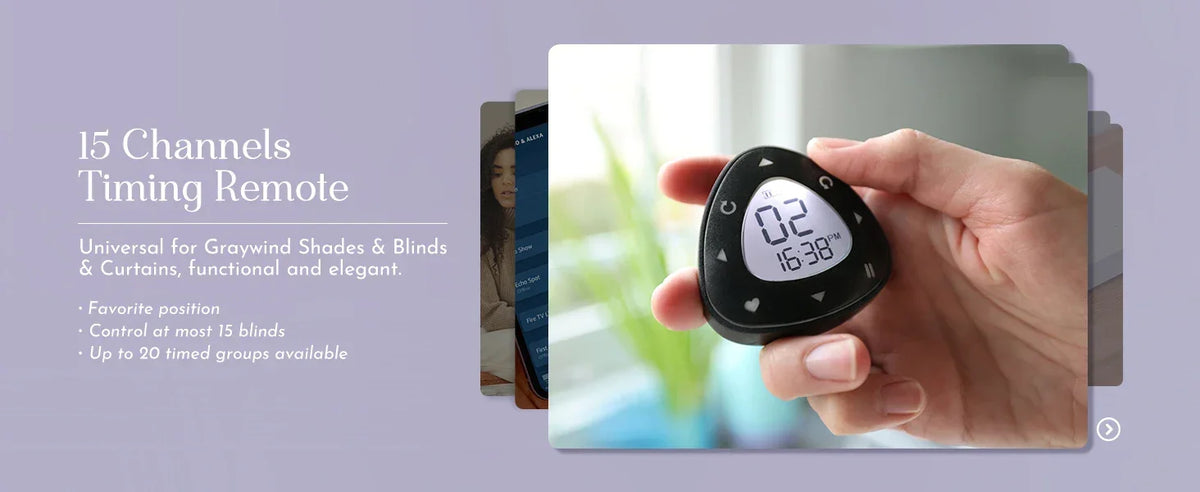 Hand holding a digital remote control with text about 15 channels timing remote on a light purple background.