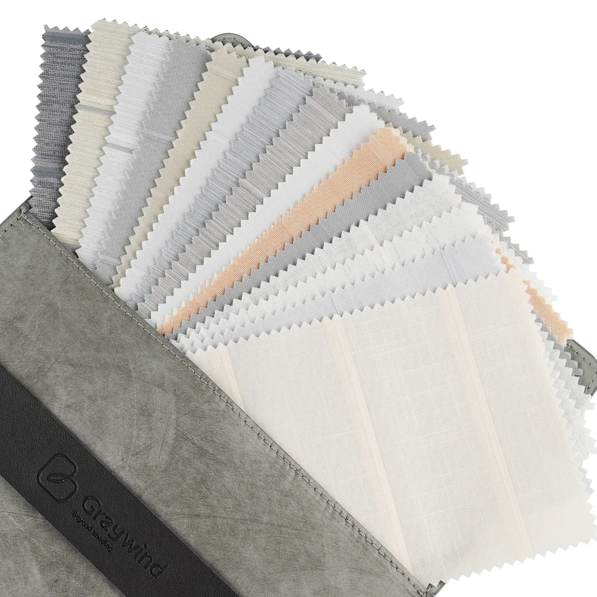 Graywind fabric swatch fan deck showing multiple material and color samples fanned out from a gray holder on a white background.