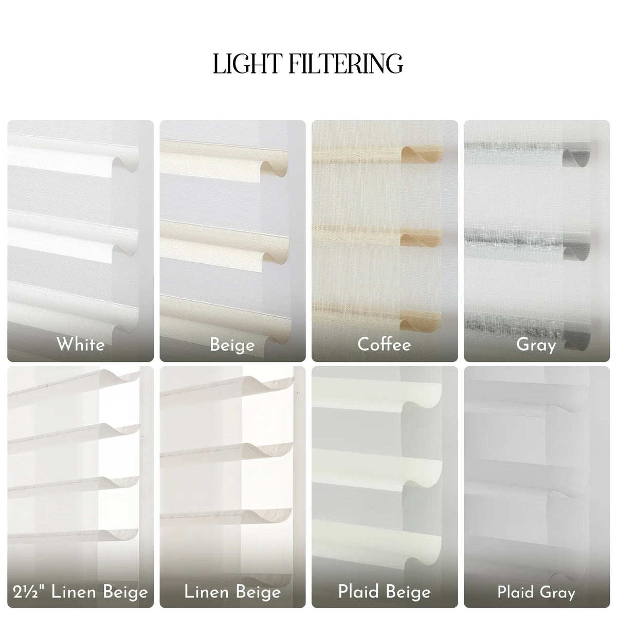 A product comparison chart titled 'LIGHT FILTERING' showing six curtain panel color options in a grid: White, Beige, Coffee, Gray, 2½" Linen Beige, Linen Beige, Plaid Beige, and Plaid Gray. Each panel displays the fabric texture and color under light filtering.