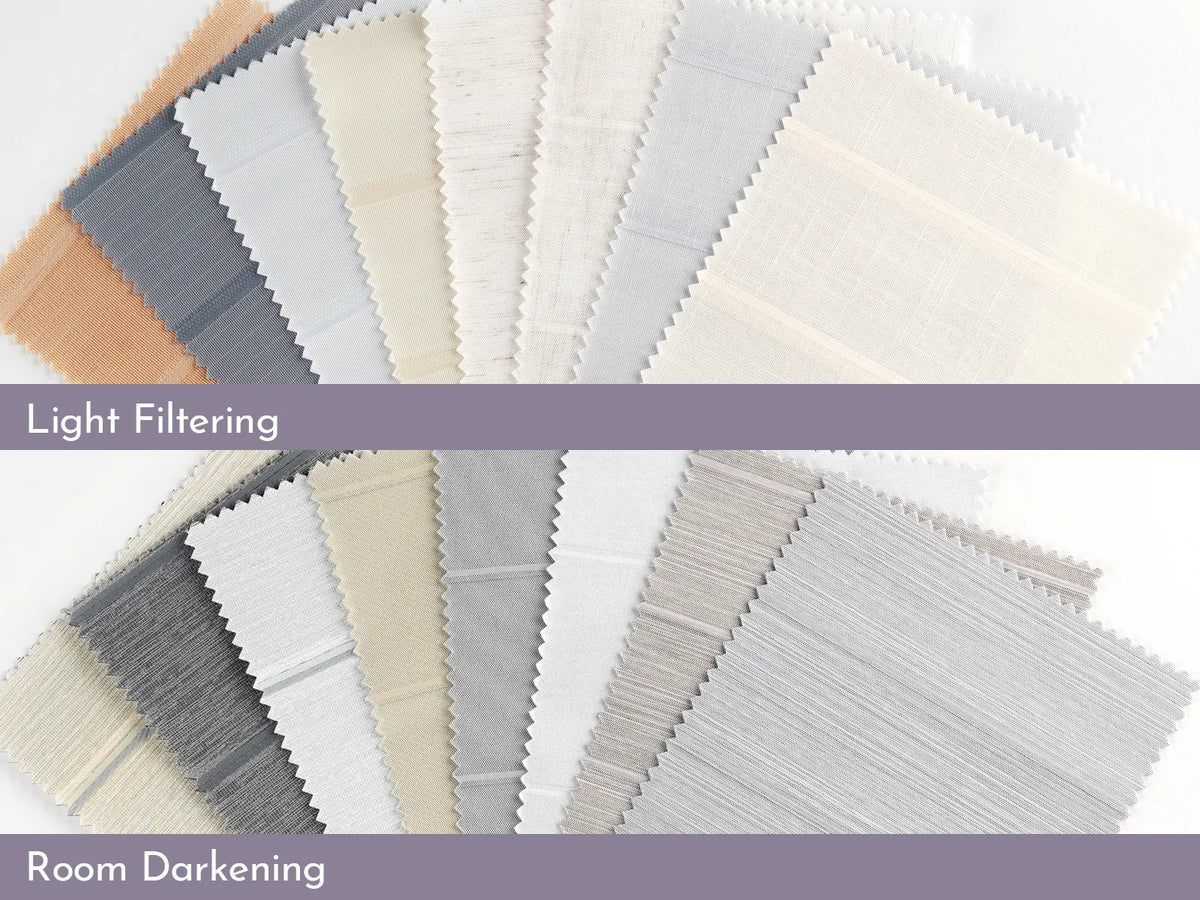 A set of fabric or material swatches fanned out on a white background, with two purple text bands reading 'Light Filtering' and 'Room Darkening.' This is not a clean product hero shot of a single sellable item, and it functions primarily to show color/material options or performance results, so Color Swatch is the best subject_type.