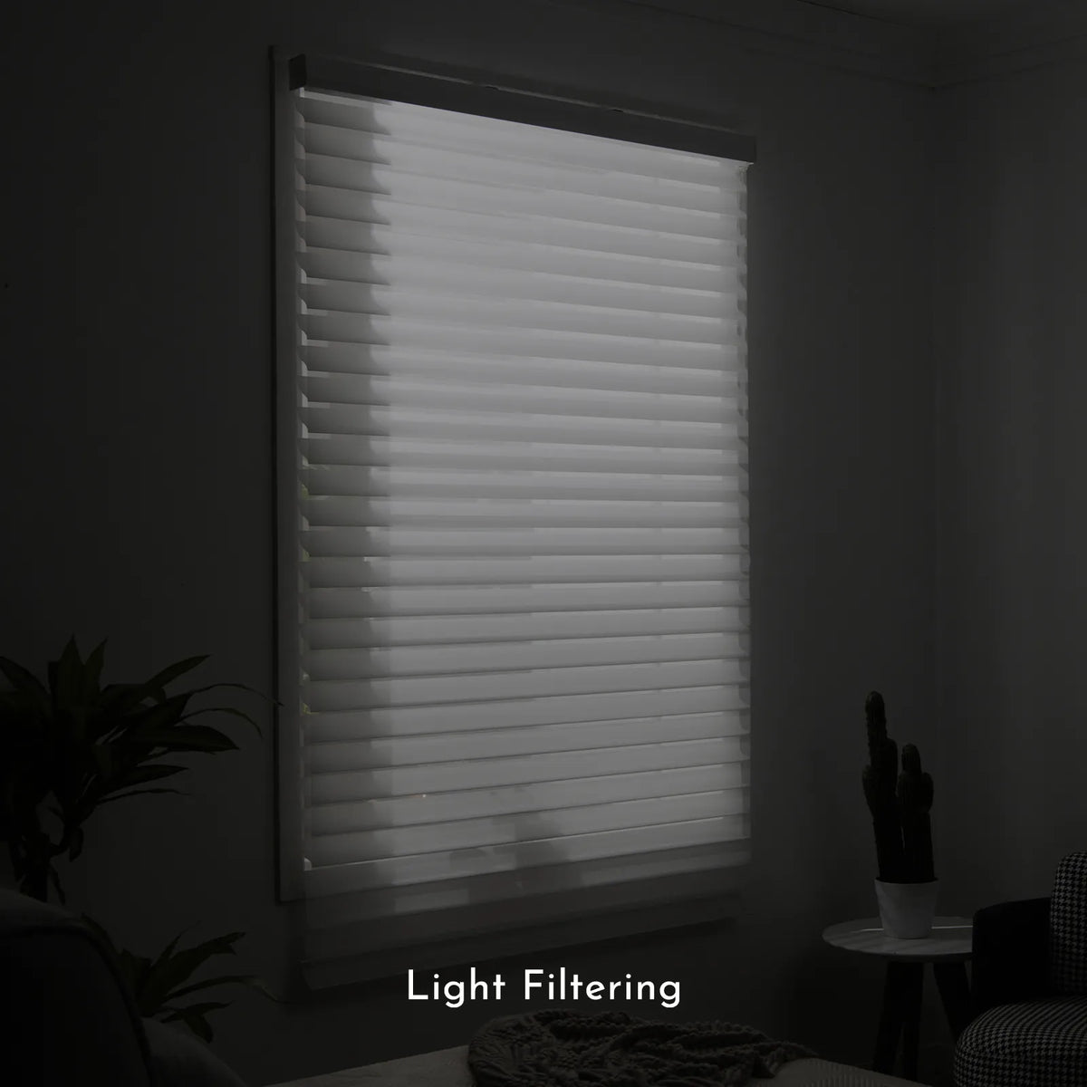 A set of white horizontal roller blinds with integrated light filtering panels, shown partially drawn on a window in a dimly lit room. The text 'Light Filtering' is displayed at the bottom.