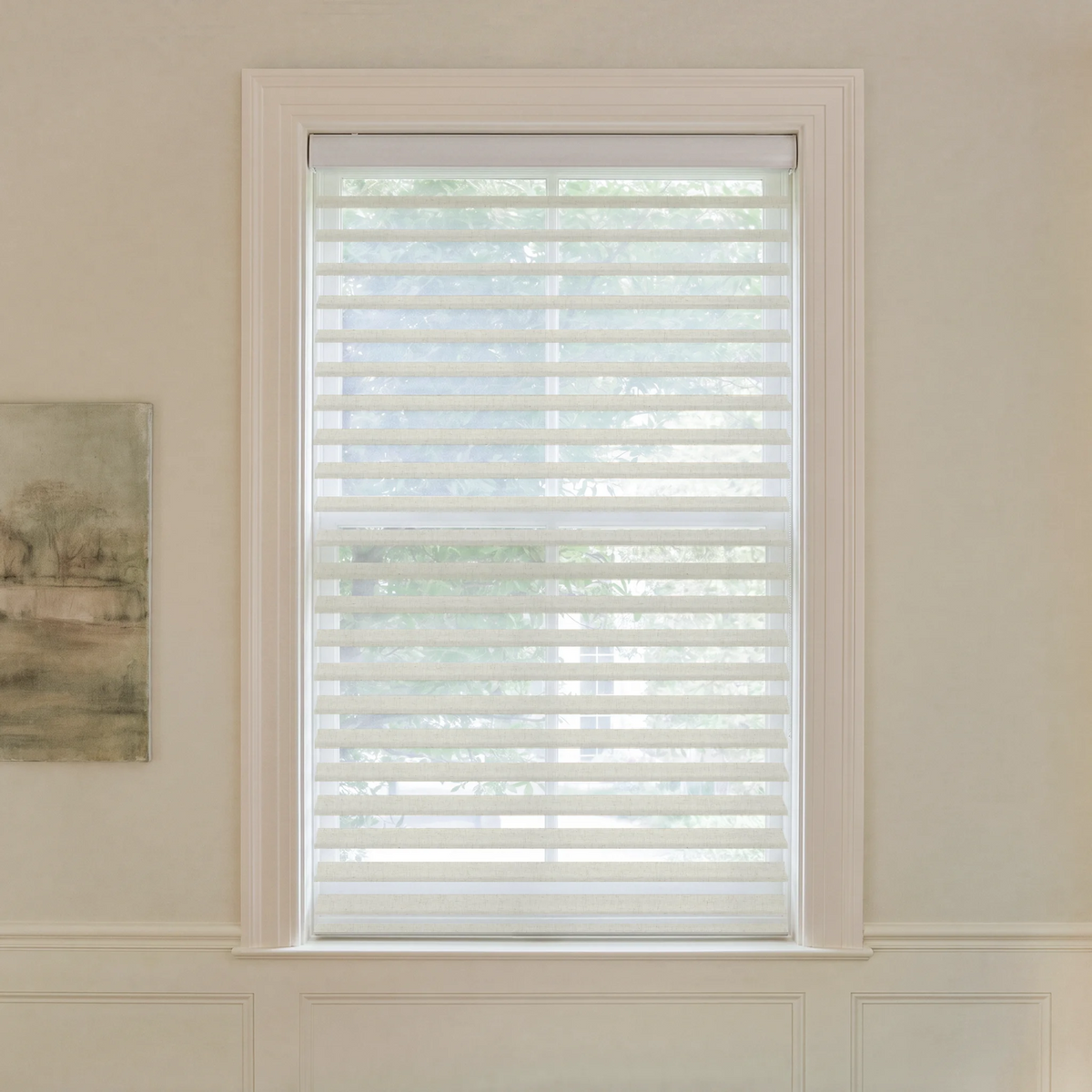 Graywind motorized light-filtering Shangrila shades in 2 1/2-inch linen beige fabric.