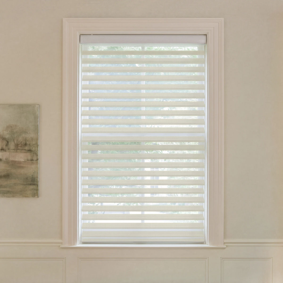 Graywind motorized light-filtering Shangrila shades in 2 1/2-inch plaid beige fabric.