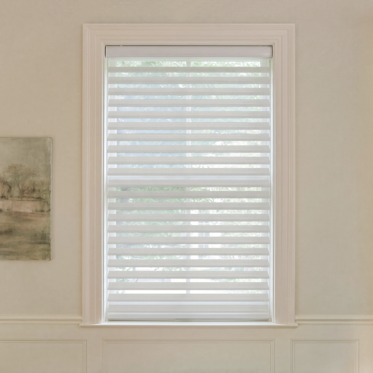 Graywind motorized light-filtering Shangrila shades in 2 1/2-inch plaid gray fabric.