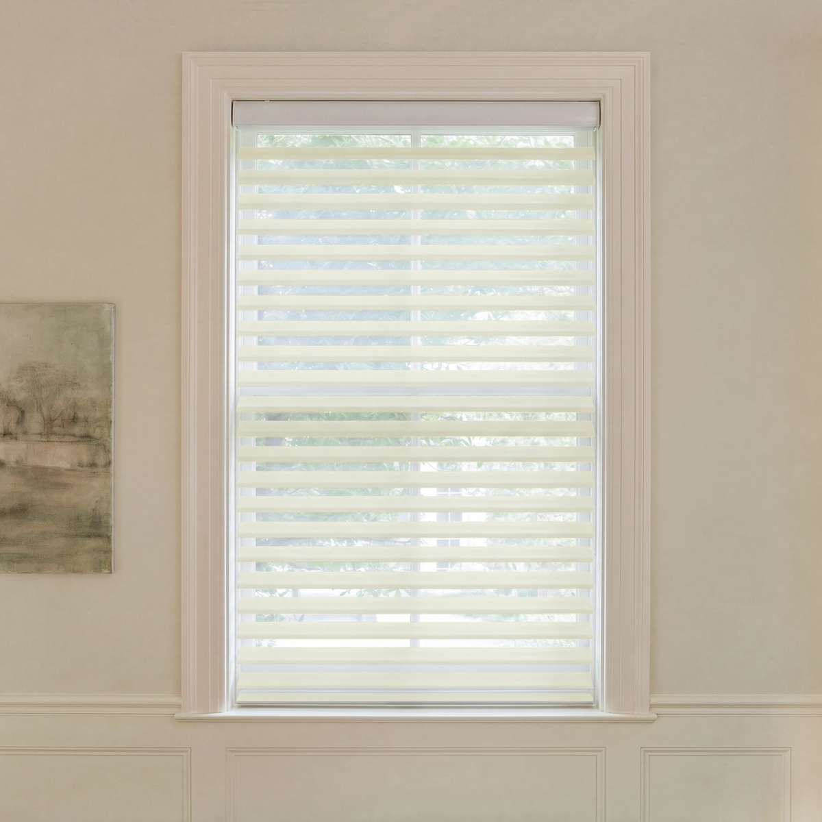 Graywind motorized light-filtering Shangrila shades in 2-inch beige fabric.