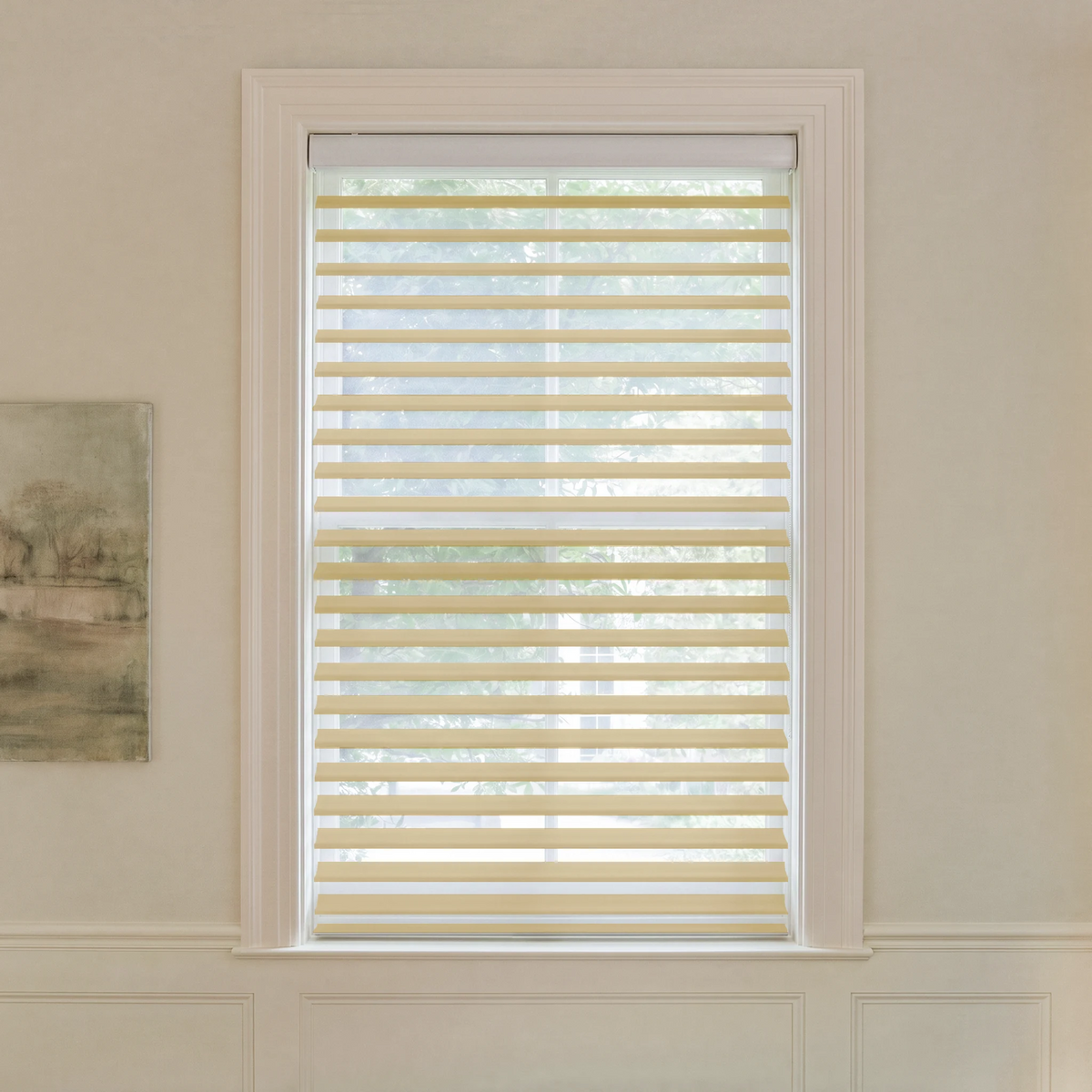 Graywind motorized light-filtering Shangrila shades in 2-inch coffee fabric.