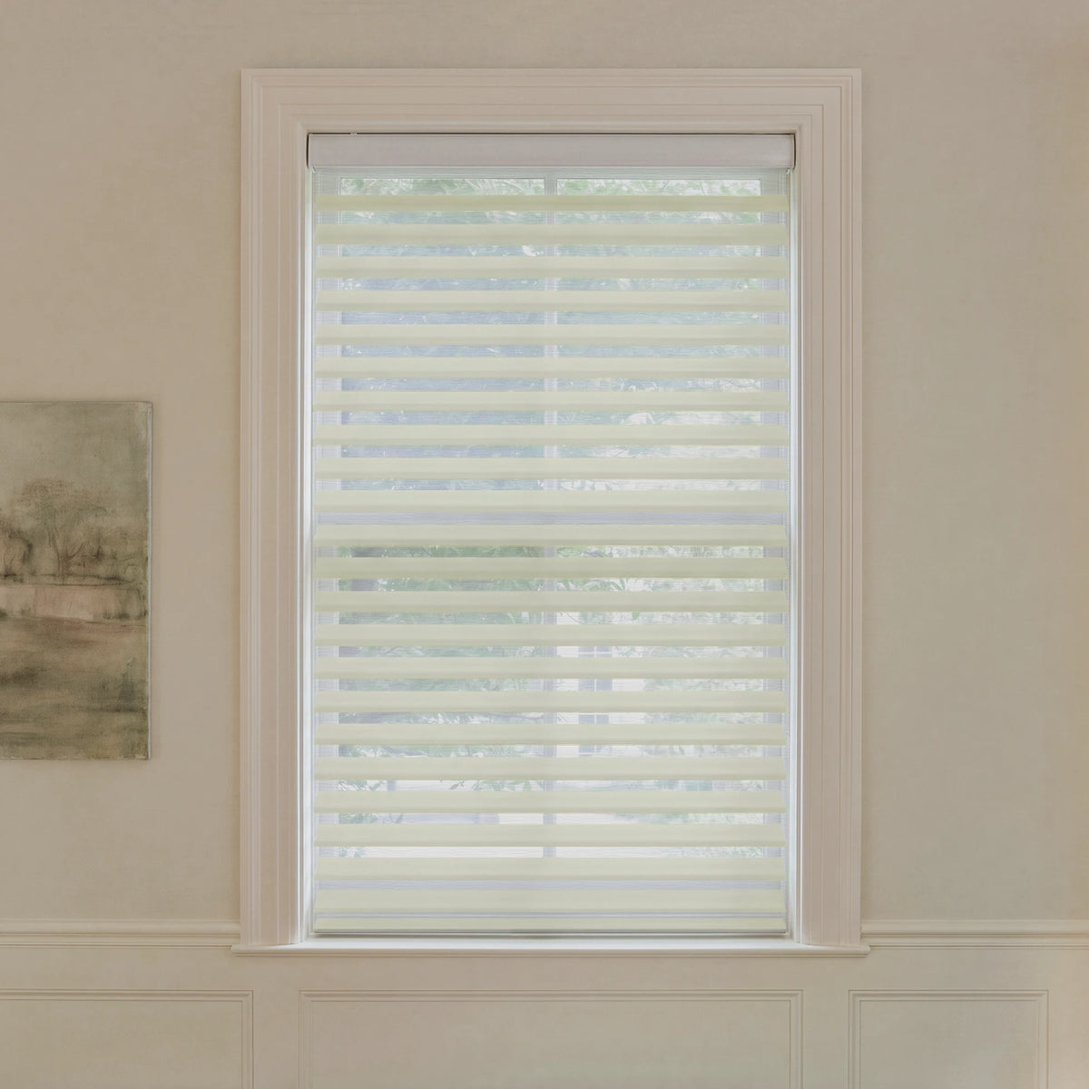 Graywind motorized room-darkening Shangrila shades in 2 1/2-inch jacquard beige fabric.
