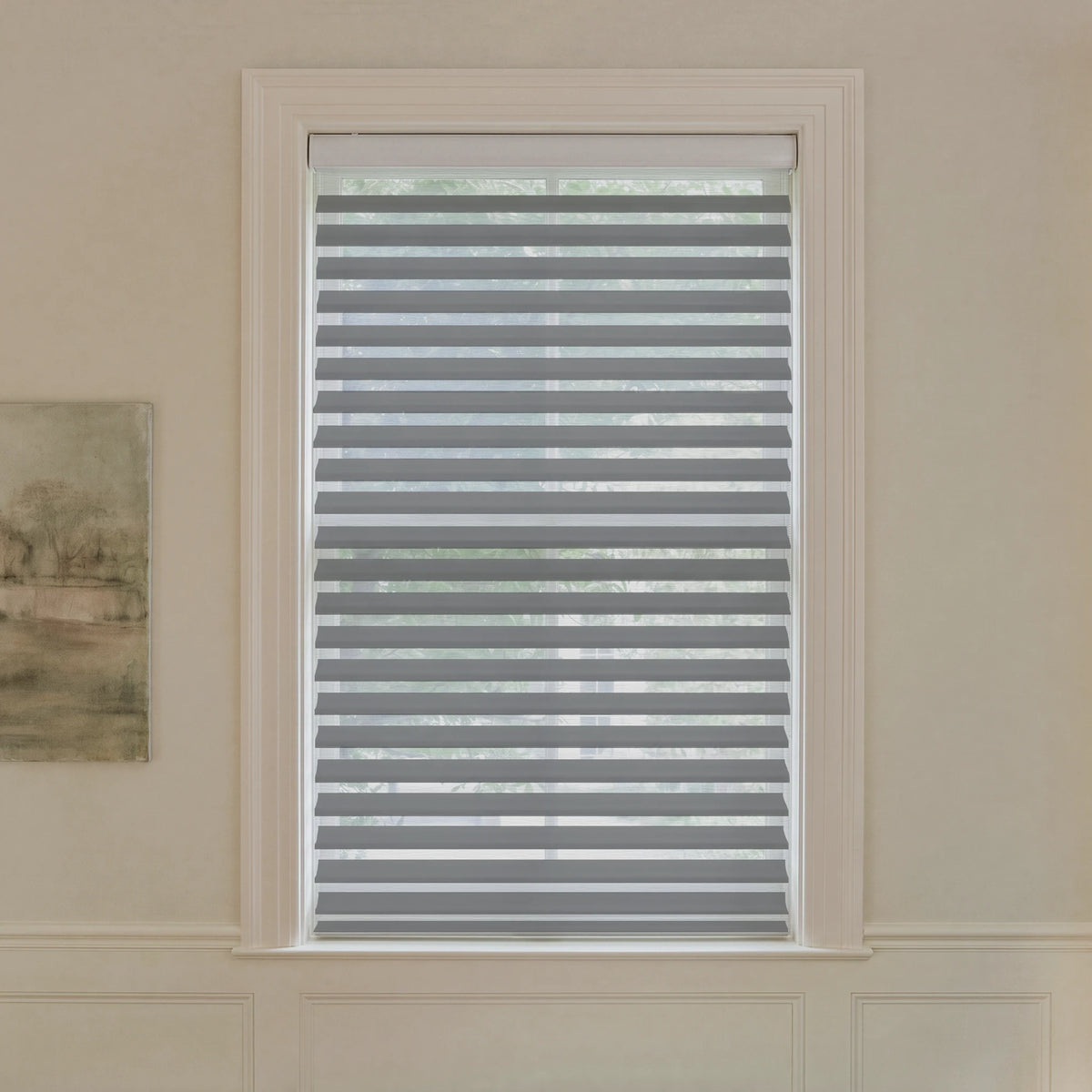Graywind motorized room-darkening Shangrila shades in 2 1/2-inch jacquard gray fabric.