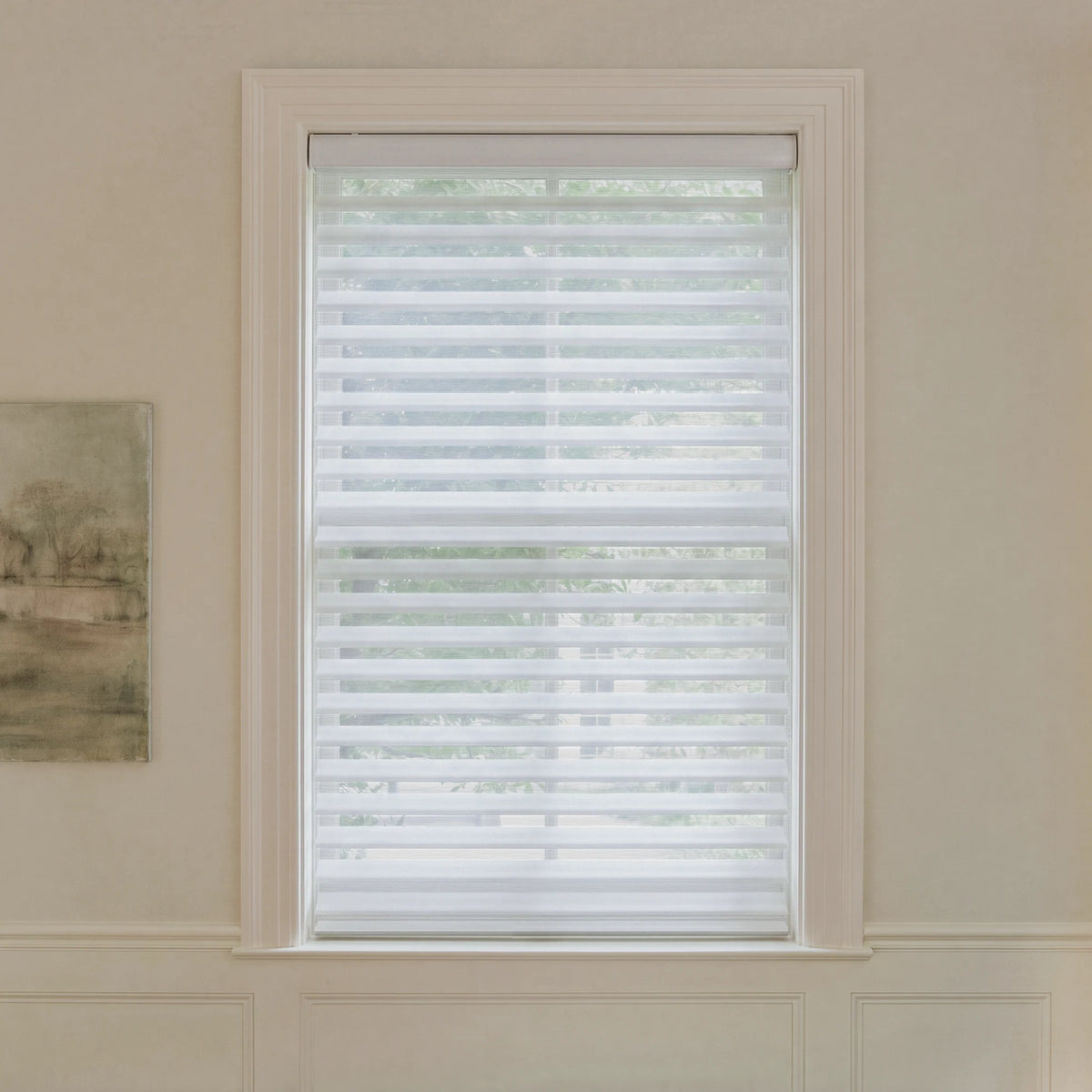 Graywind motorized room-darkening Shangrila shades in 2 1/2-inch jacquard white fabric.