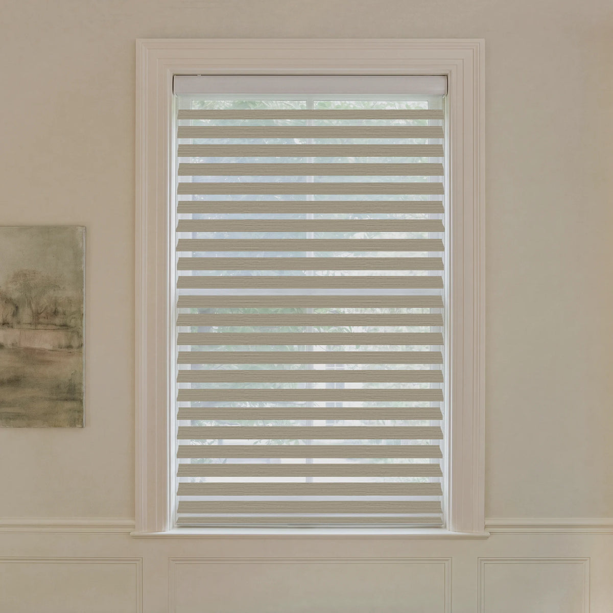 Graywind motorized room-darkening Shangrila shades in 2-inch striped brown fabric.