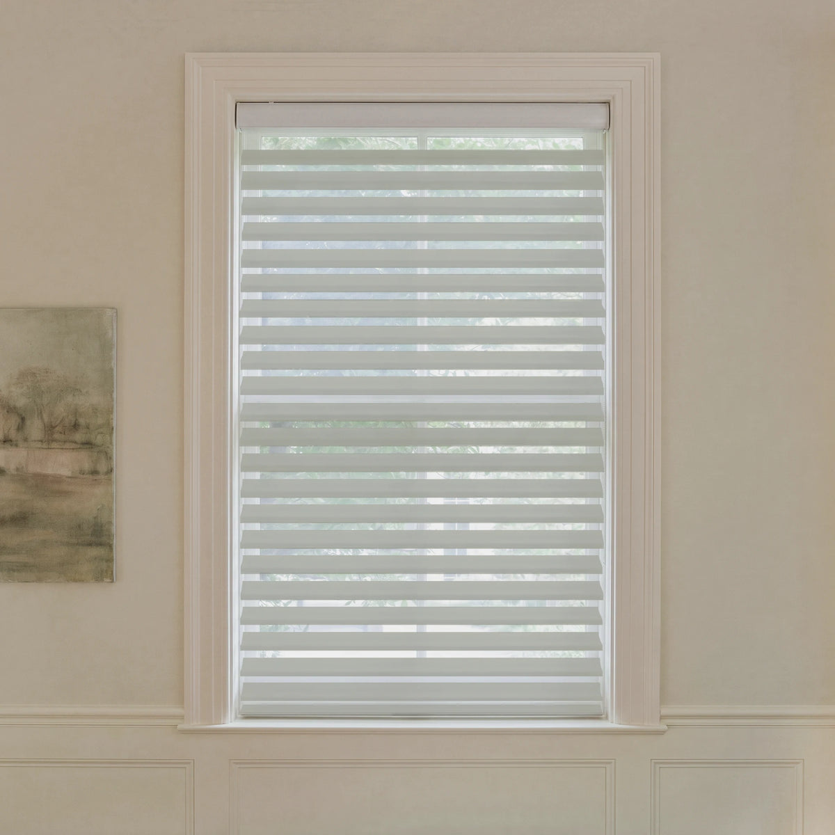 Graywind motorized room-darkening Shangrila shades in 3-inch gray fabric.