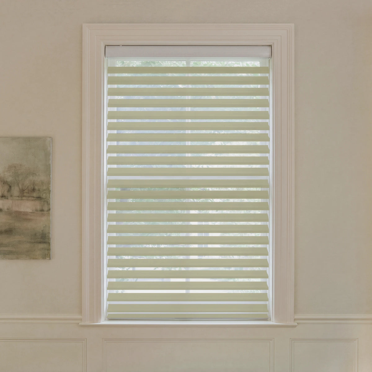 Graywind motorized room-darkening Shangrila shades in 3-inch sand fabric.