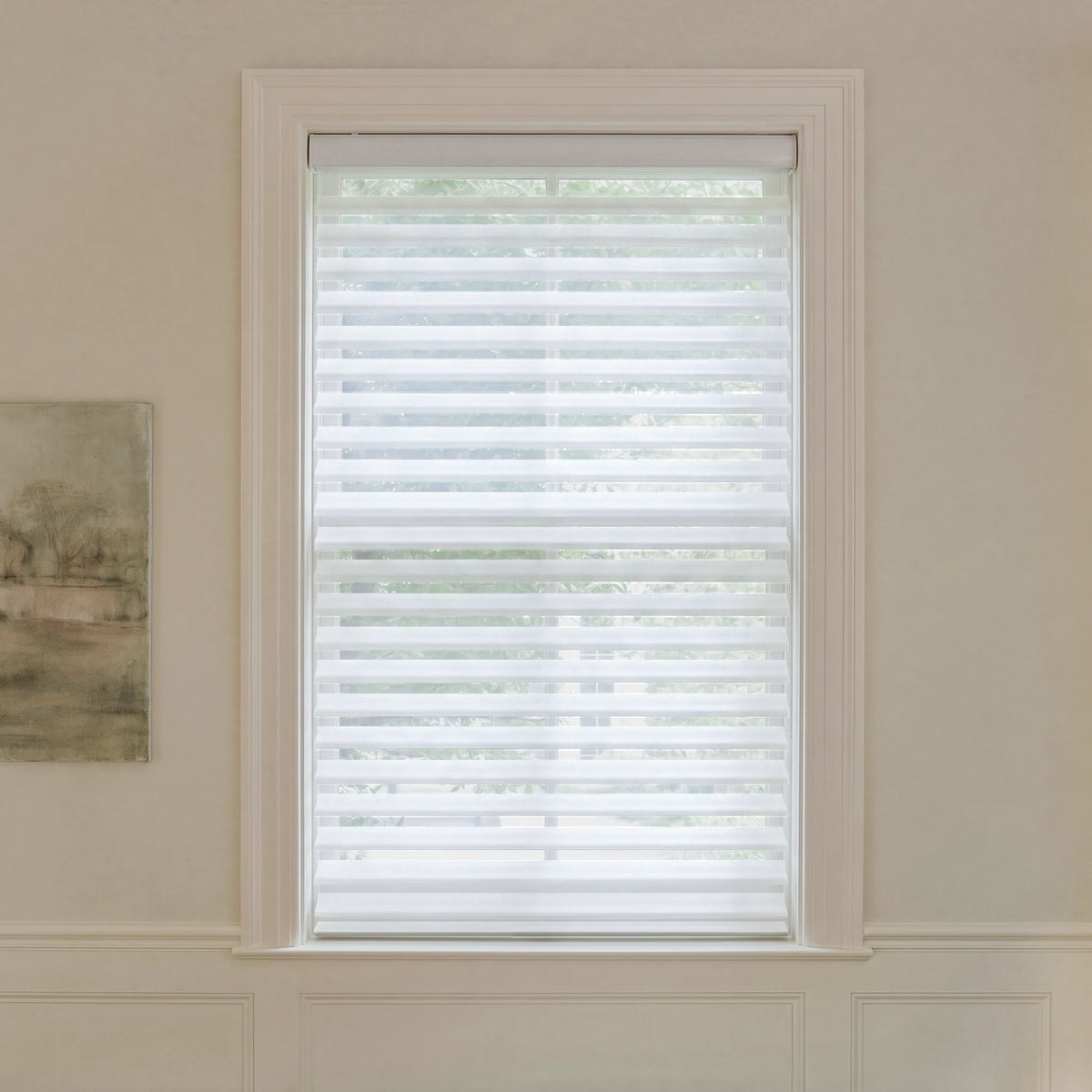 Graywind motorized room-darkening Shangrila shades in 3-inch white fabric.