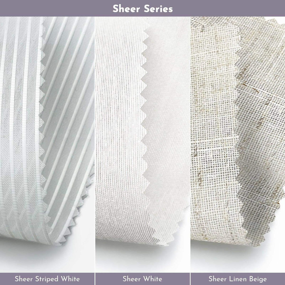 Close-up of sheer window treatment fabric samples in striped white, white, and linen beige.