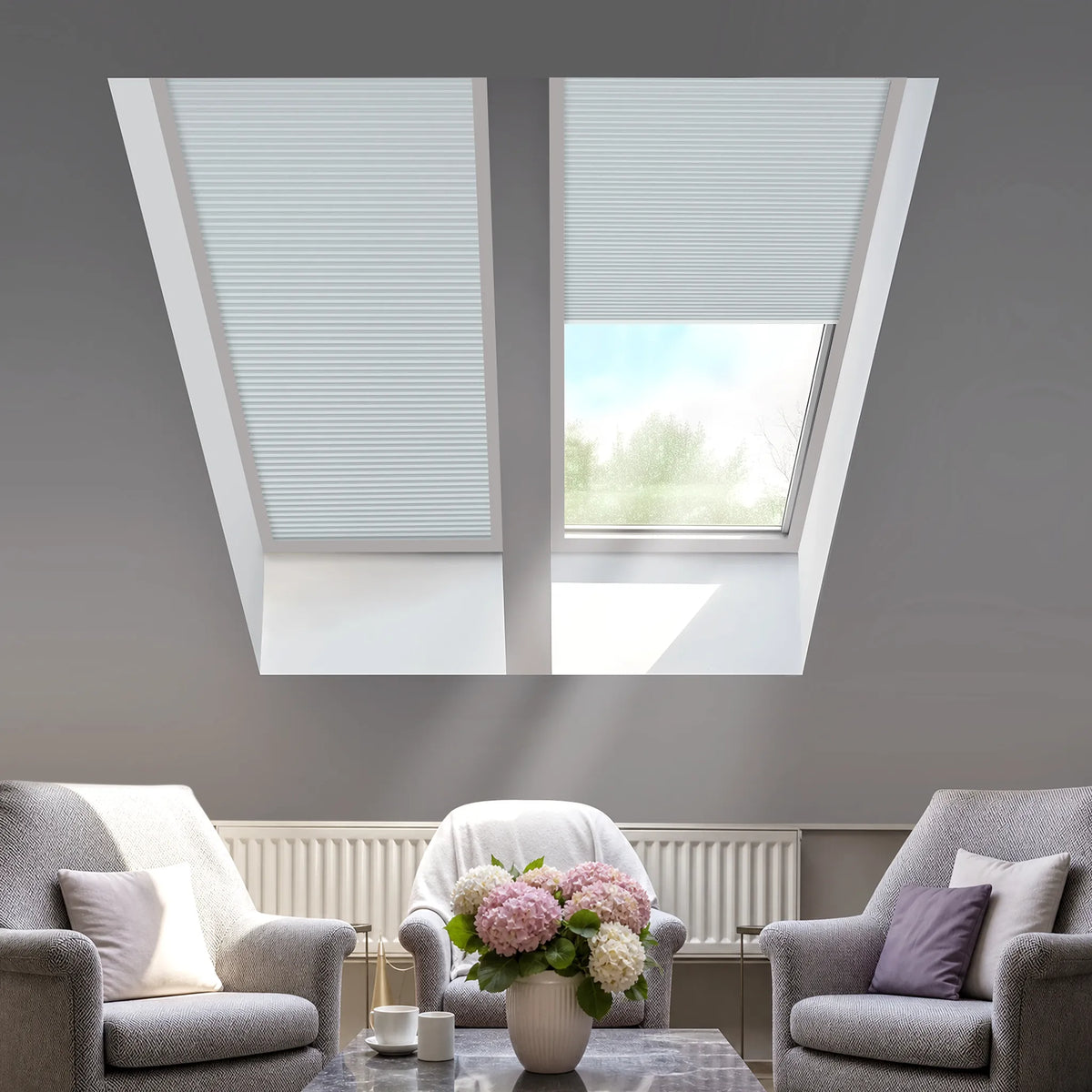 Living room with skylights, furniture, and a smartphone displaying a smart home app.