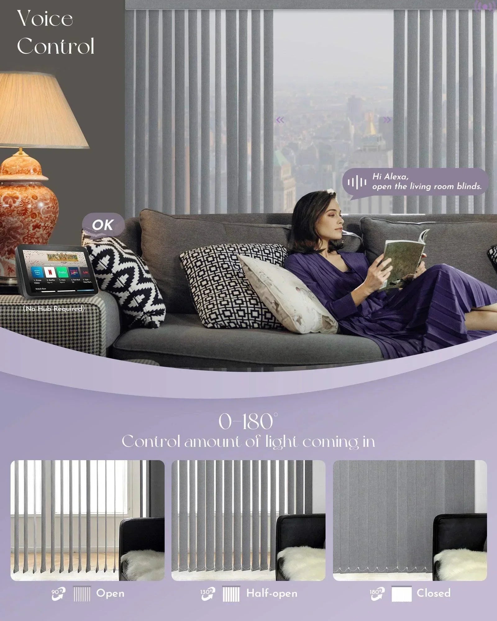 Woman sitting on a couch with a tablet, surrounded by smart window blinds with voice control features.