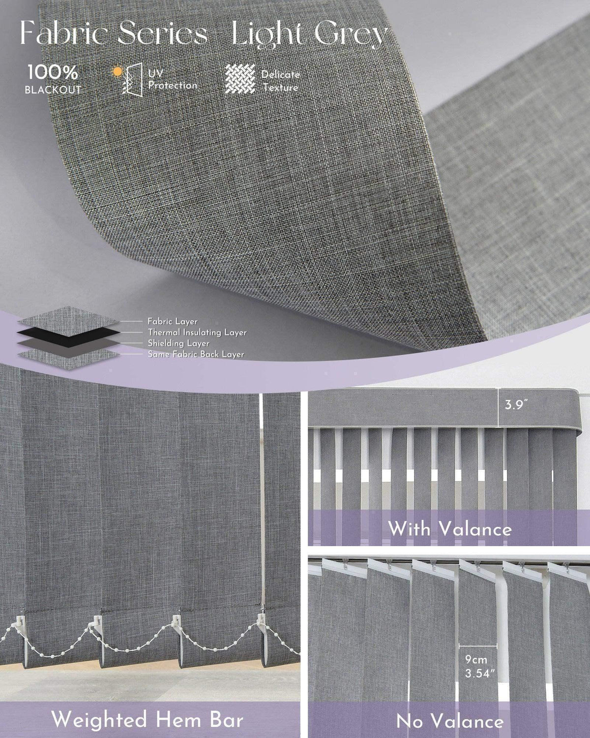 Light grey fabric series with various applications and features displayed.