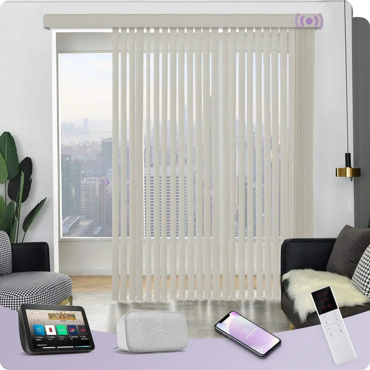 Smart window blinds with control devices on a table in a modern living room.