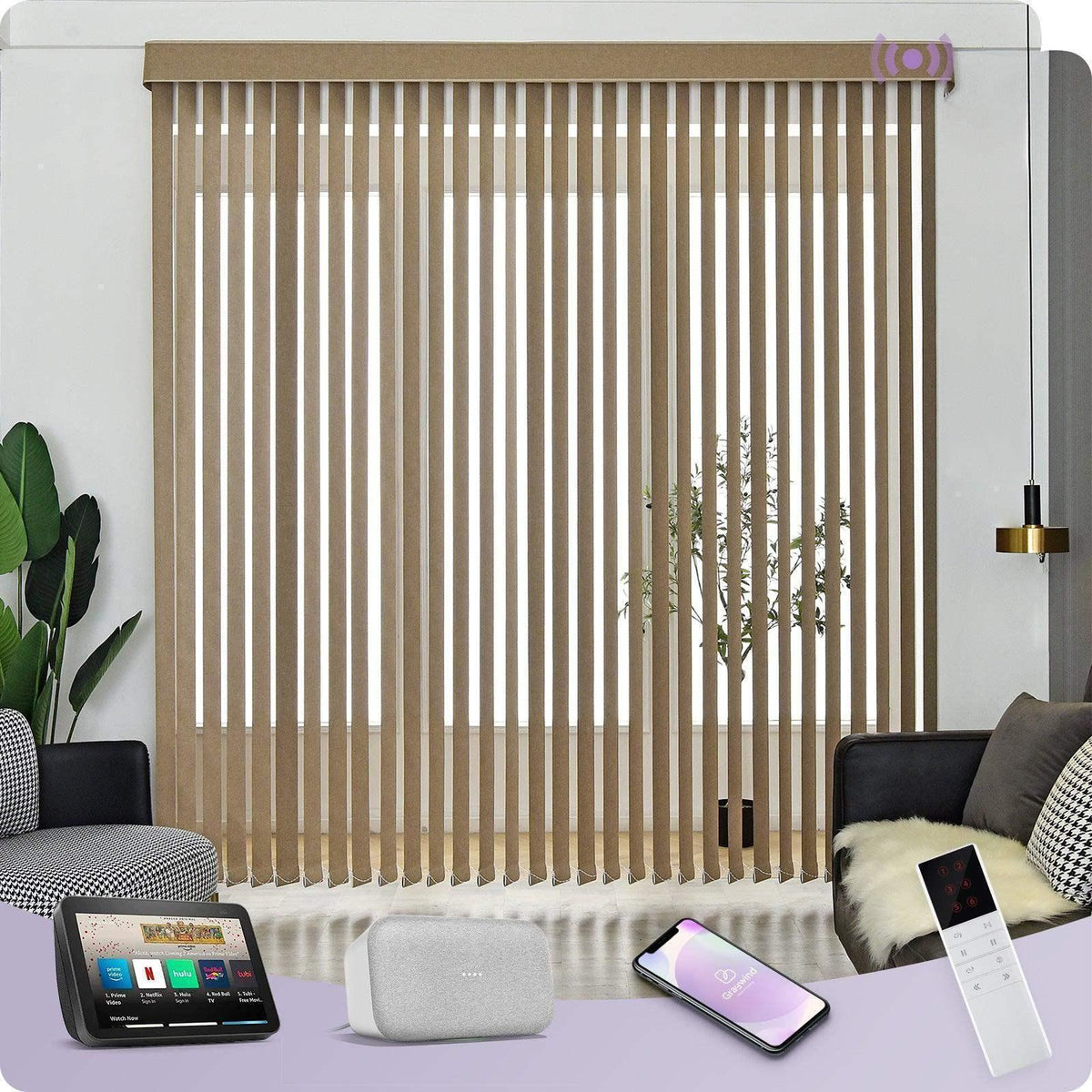 Smart home control system with smartphone, remote, and display in a living room setting.