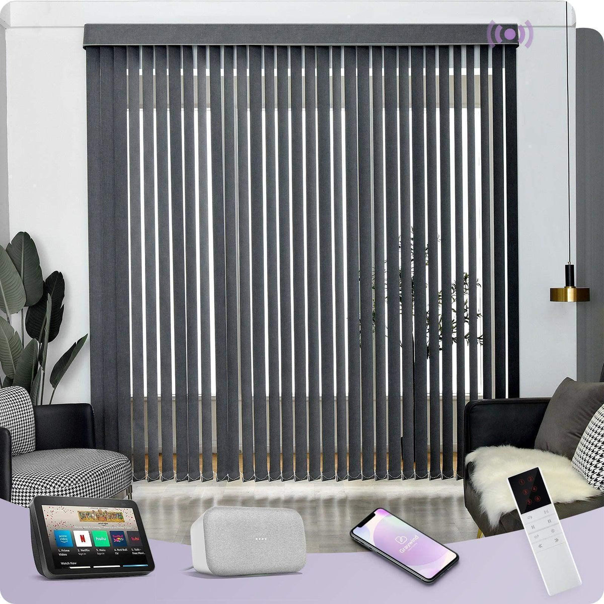 Smart home device with vertical blinds and electronic devices on a table
