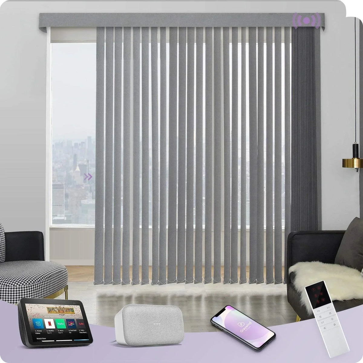Smart home control system with devices on a table in a room with vertical blinds.