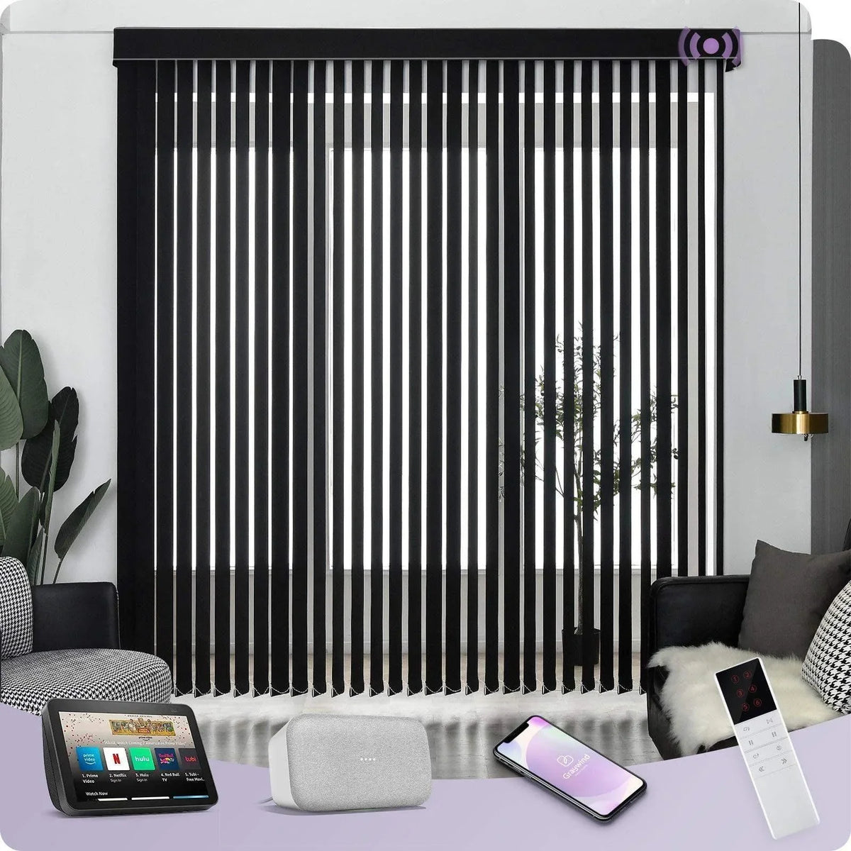 Smart home device with vertical blinds in a living room setting