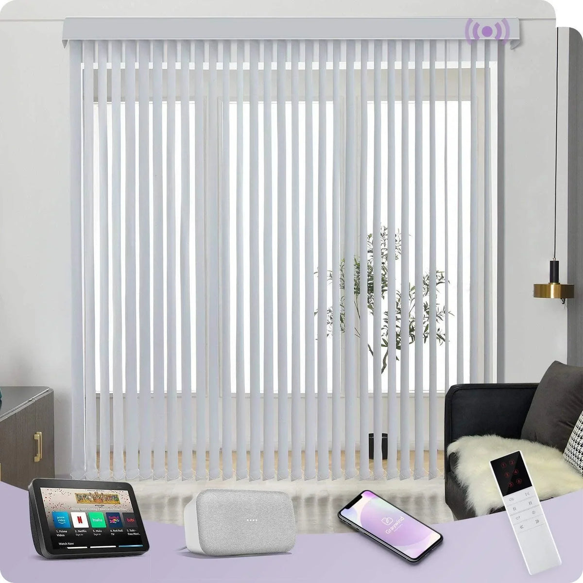 Smart home control system with smartphone, remote, and display on a table in front of vertical blinds.